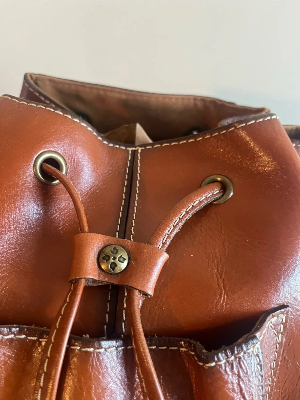 Patricia Nash Casape Cognac Brown Leather Drawstring Backpack
